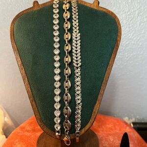 Classic Silver Stack Bracelets-Heart, Puff Designer Style, and Leaves.